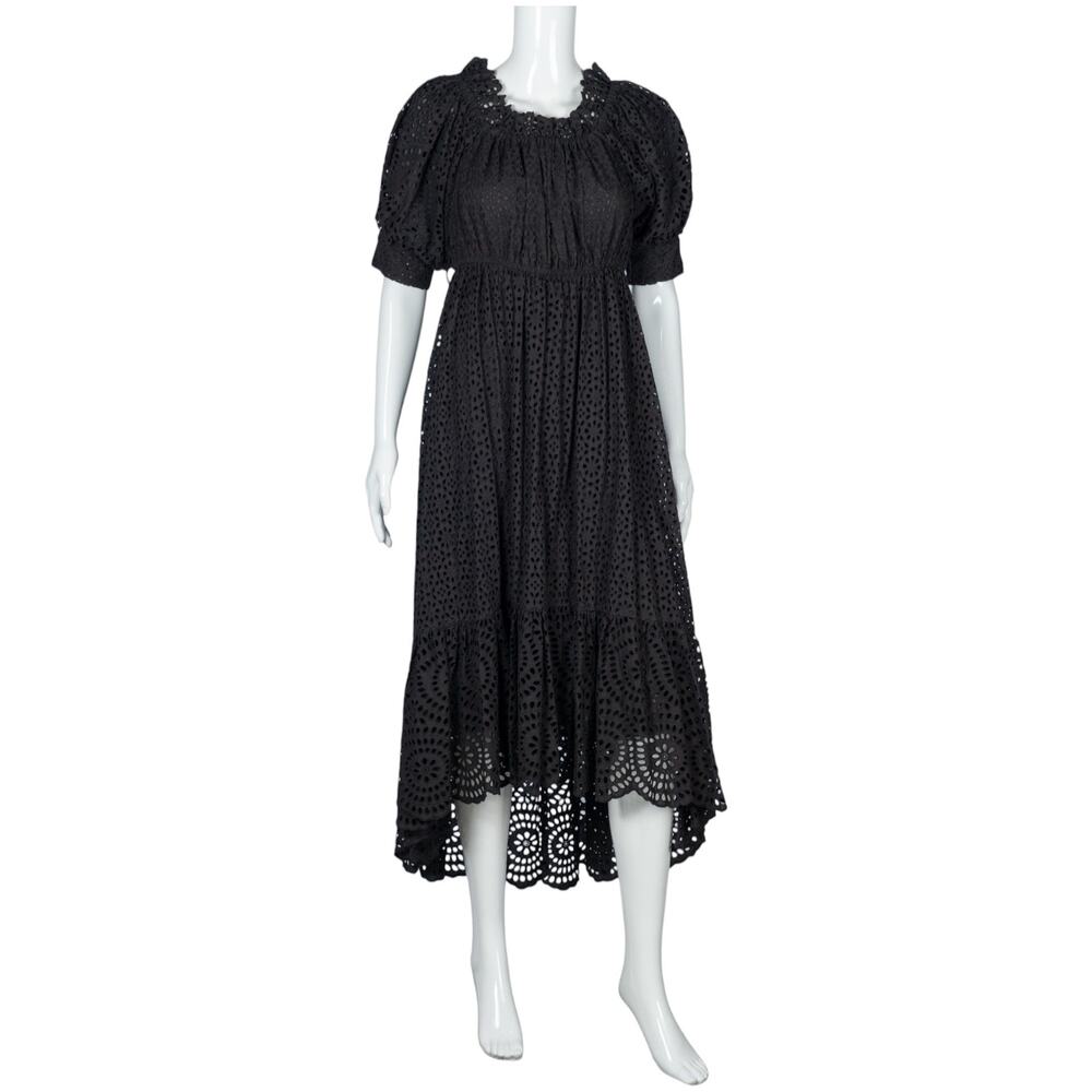 ULLA JOHNSON Black Cotton Lace Short Sleeve Eyelet High-Low Midi Dress Size XS